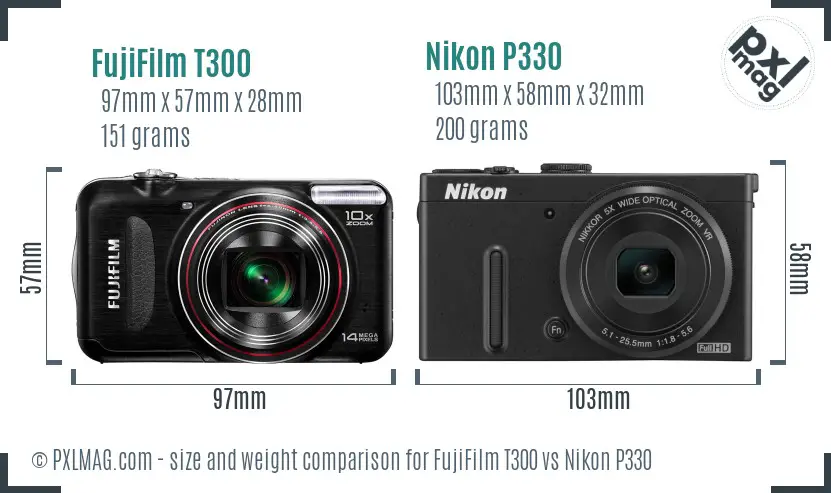 FujiFilm T300 vs Nikon P330 size comparison