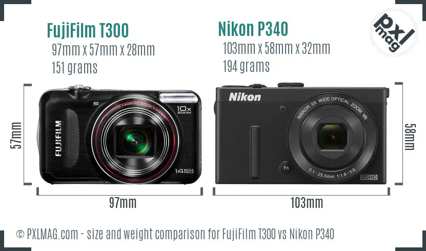 FujiFilm T300 vs Nikon P340 size comparison