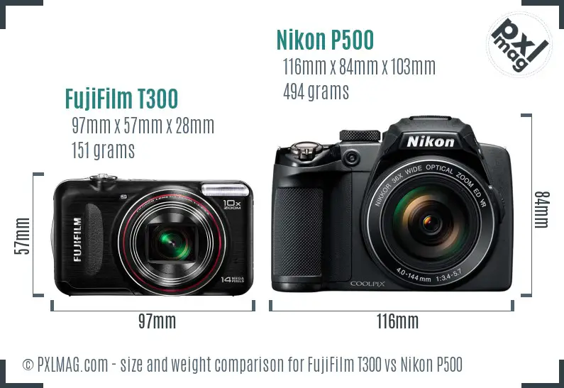 FujiFilm T300 vs Nikon P500 size comparison