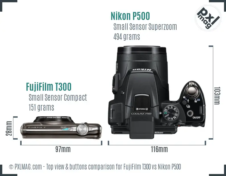 FujiFilm T300 vs Nikon P500 top view buttons comparison