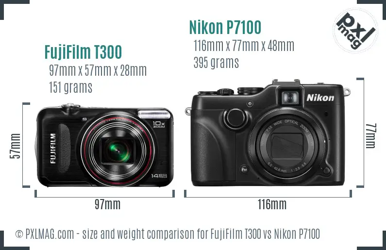 FujiFilm T300 vs Nikon P7100 size comparison