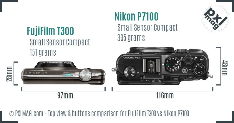 FujiFilm T300 vs Nikon P7100 top view buttons comparison