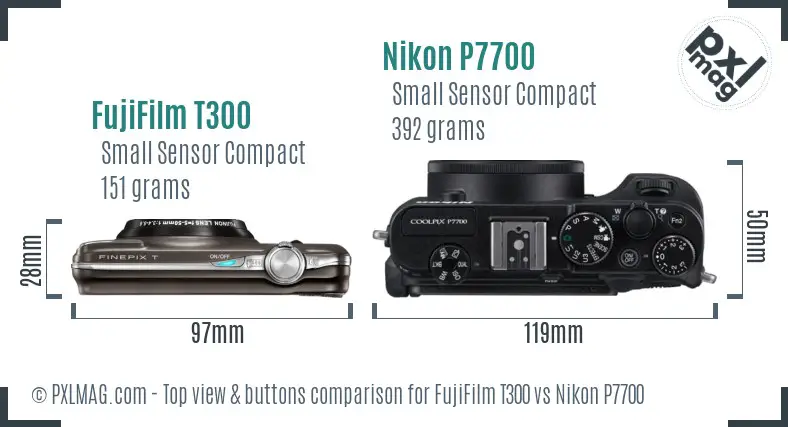 FujiFilm T300 vs Nikon P7700 top view buttons comparison