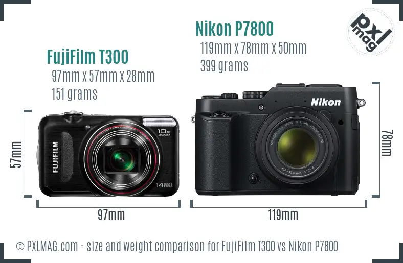 FujiFilm T300 vs Nikon P7800 size comparison