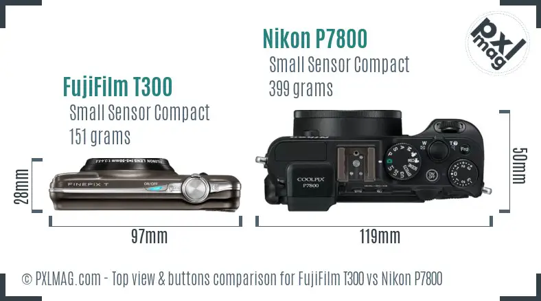 FujiFilm T300 vs Nikon P7800 top view buttons comparison