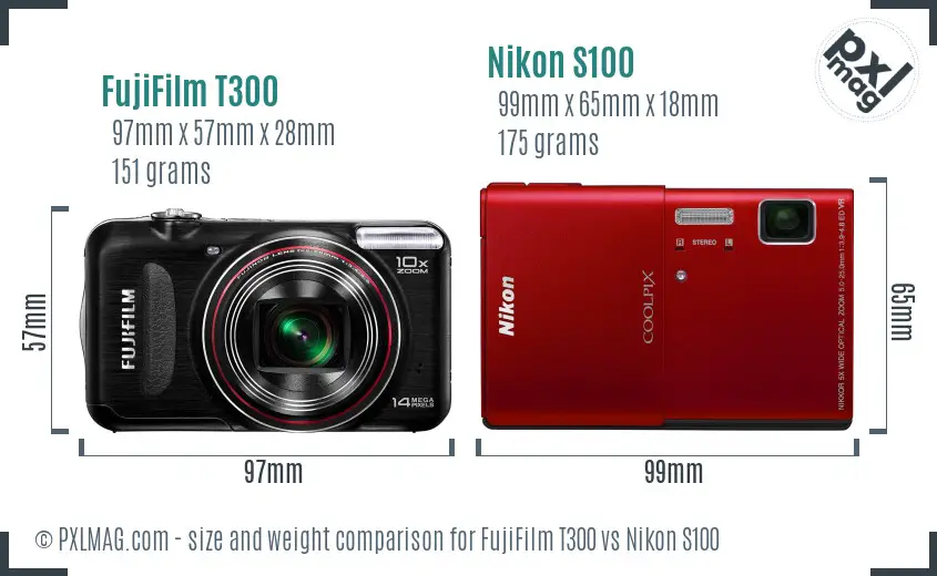 FujiFilm T300 vs Nikon S100 size comparison