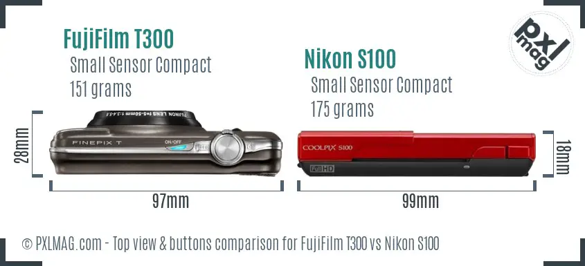 FujiFilm T300 vs Nikon S100 top view buttons comparison