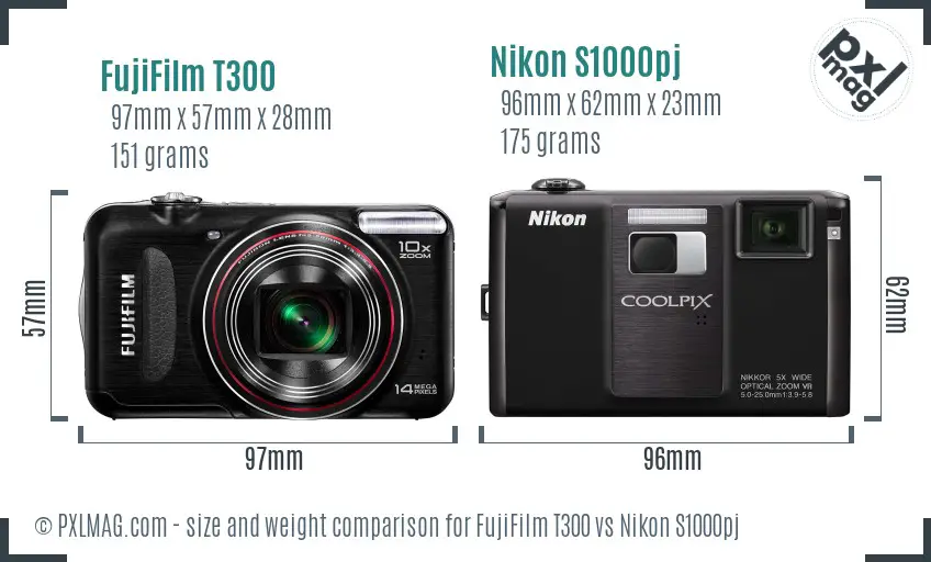 FujiFilm T300 vs Nikon S1000pj size comparison