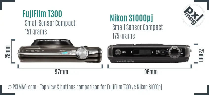 FujiFilm T300 vs Nikon S1000pj top view buttons comparison