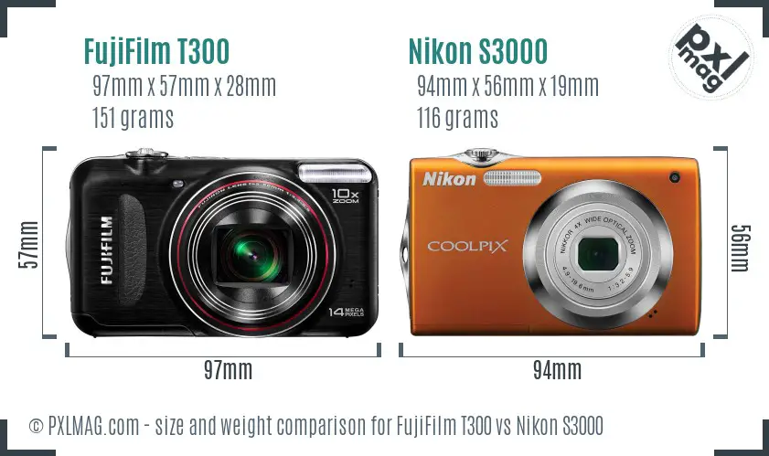 FujiFilm T300 vs Nikon S3000 size comparison