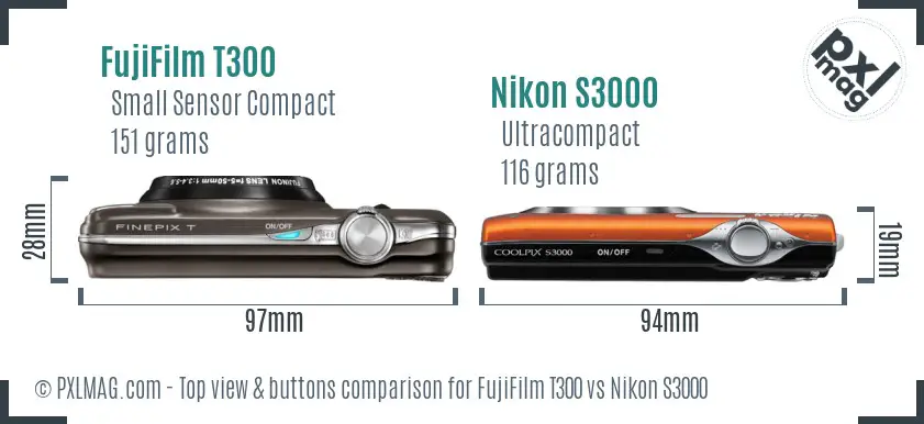 FujiFilm T300 vs Nikon S3000 top view buttons comparison