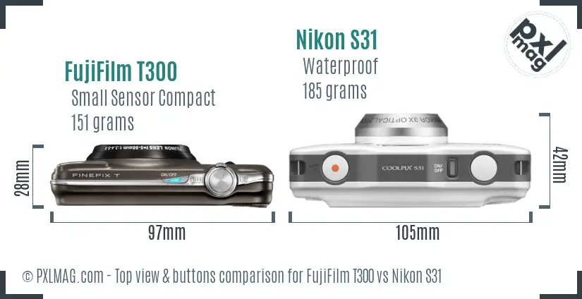 FujiFilm T300 vs Nikon S31 top view buttons comparison FujiFilm T300 vs Nikon S31 top view buttons comparison