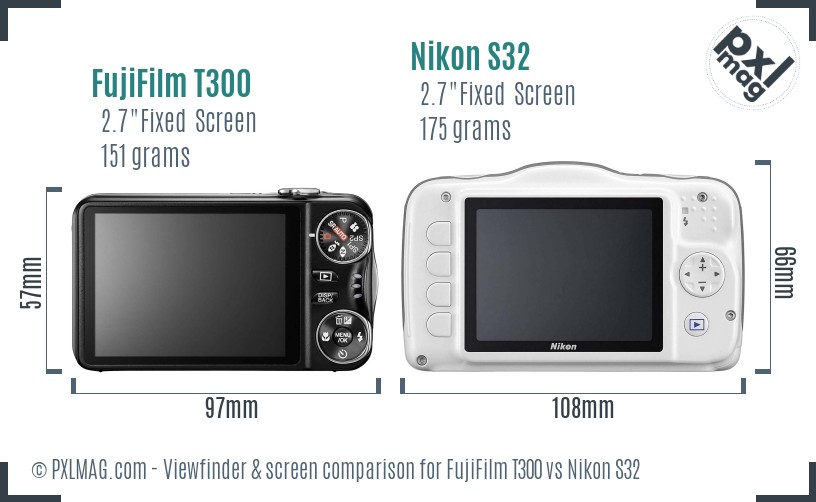 FujiFilm T300 vs Nikon S32 Screen and Viewfinder comparison