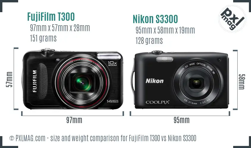 FujiFilm T300 vs Nikon S3300 size comparison