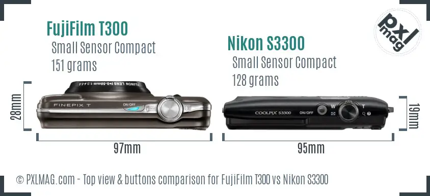 FujiFilm T300 vs Nikon S3300 top view buttons comparison