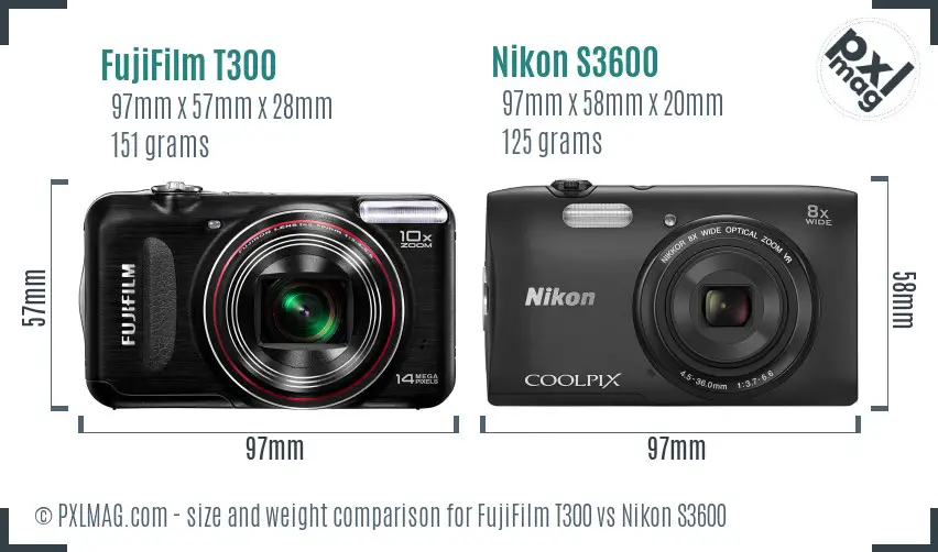 FujiFilm T300 vs Nikon S3600 size comparison