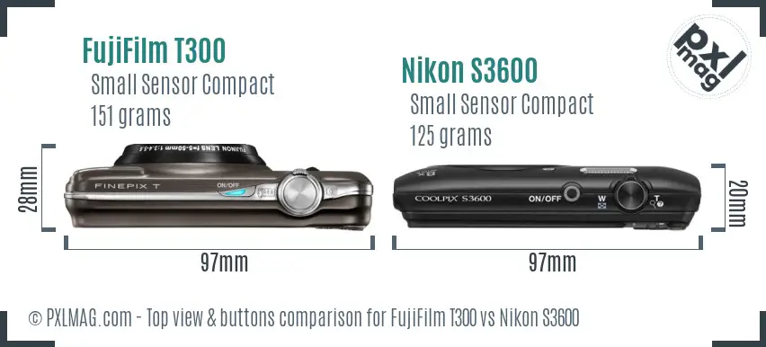 FujiFilm T300 vs Nikon S3600 top view buttons comparison