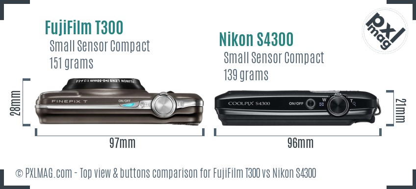 FujiFilm T300 vs Nikon S4300 top view buttons comparison