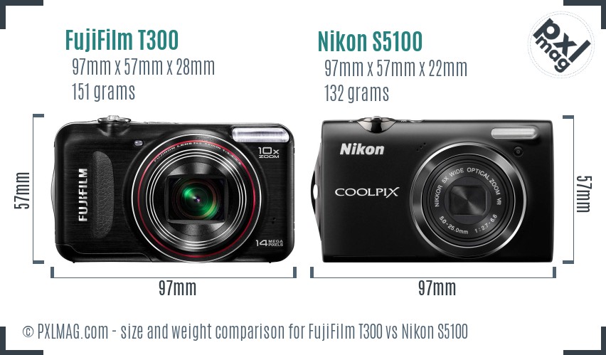 FujiFilm T300 vs Nikon S5100 size comparison