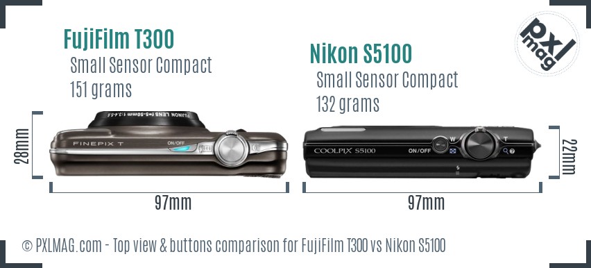 FujiFilm T300 vs Nikon S5100 top view buttons comparison