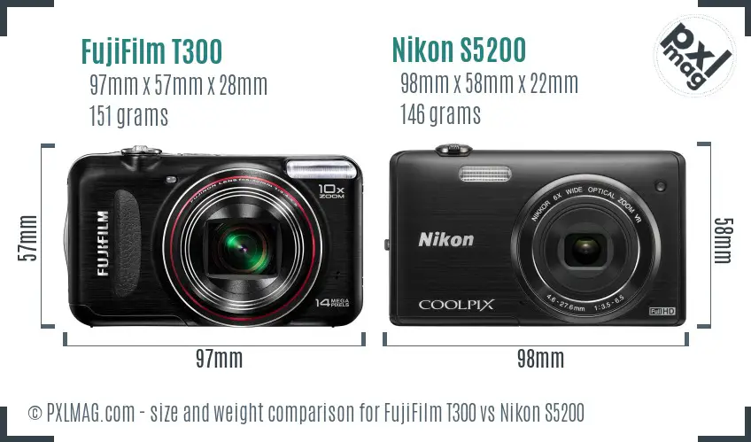 FujiFilm T300 vs Nikon S5200 size comparison