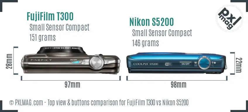 FujiFilm T300 vs Nikon S5200 top view buttons comparison