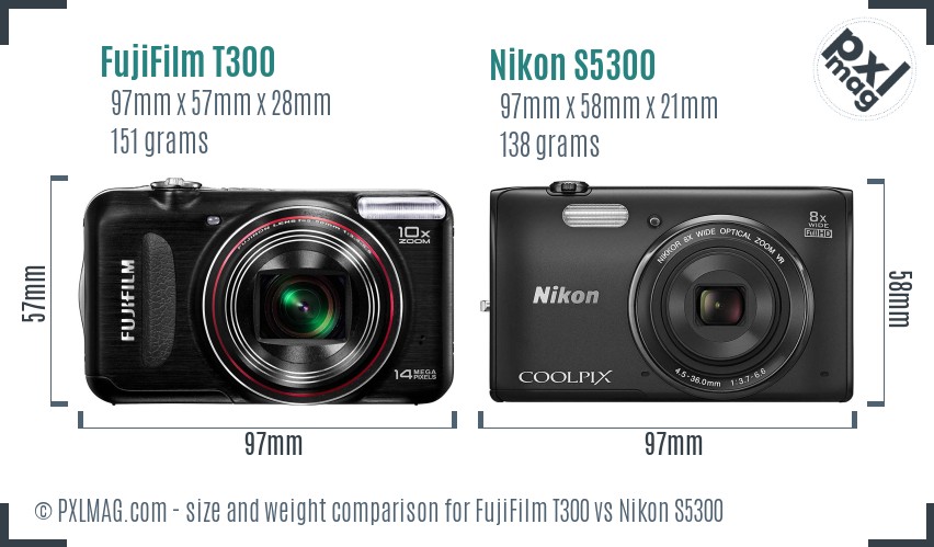 FujiFilm T300 vs Nikon S5300 size comparison