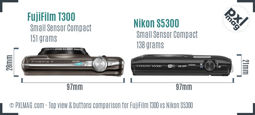 FujiFilm T300 vs Nikon S5300 top view buttons comparison