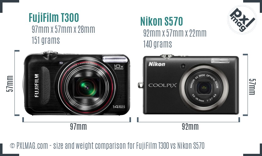 FujiFilm T300 vs Nikon S570 size comparison