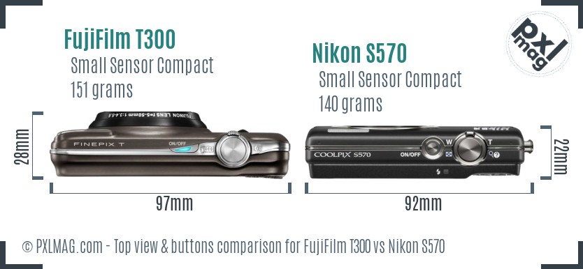 FujiFilm T300 vs Nikon S570 top view buttons comparison