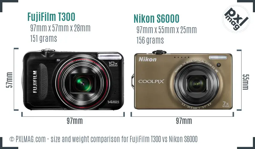 FujiFilm T300 vs Nikon S6000 size comparison FujiFilm T300 vs Nikon S6000 size comparison