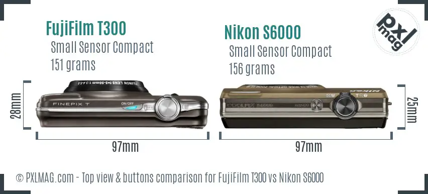 FujiFilm T300 vs Nikon S6000 top view buttons comparison FujiFilm T300 vs Nikon S6000 top view buttons comparison