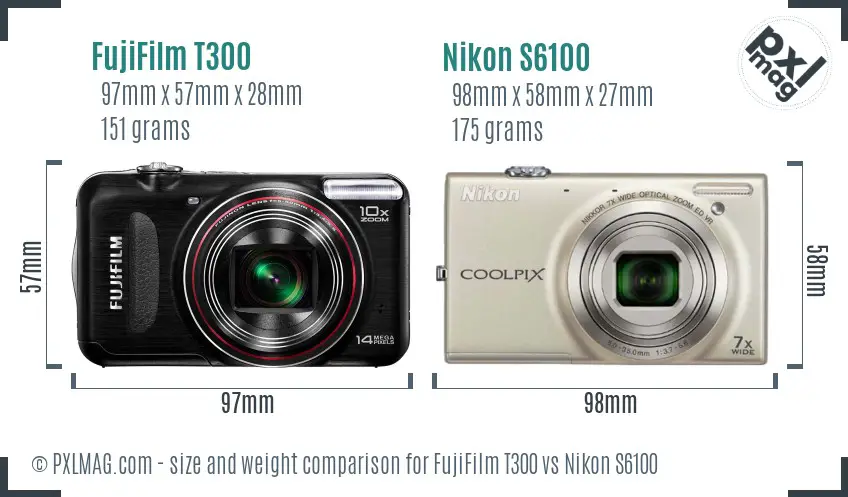 FujiFilm T300 vs Nikon S6100 size comparison