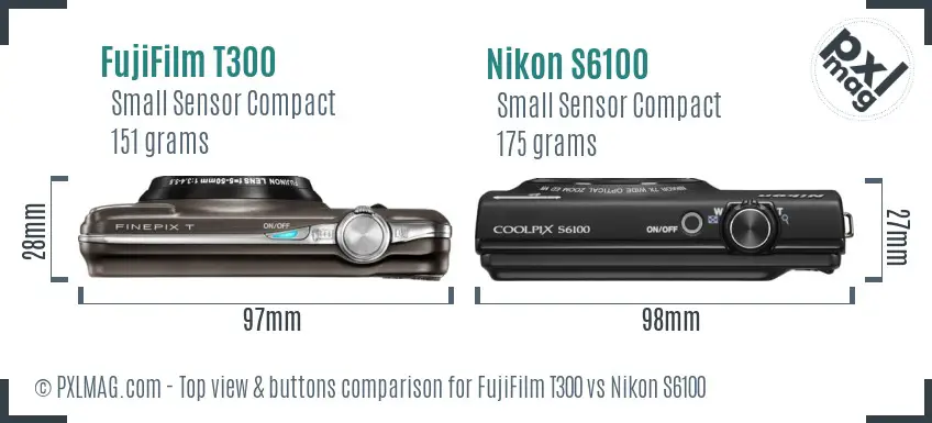 FujiFilm T300 vs Nikon S6100 top view buttons comparison