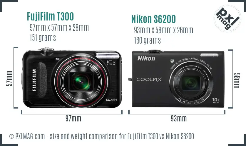 FujiFilm T300 vs Nikon S6200 size comparison