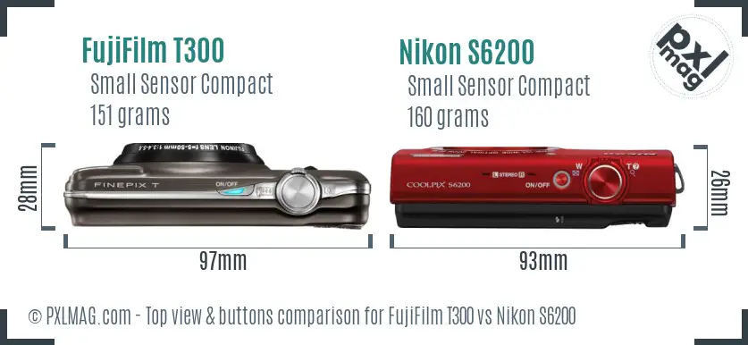 FujiFilm T300 vs Nikon S6200 top view buttons comparison