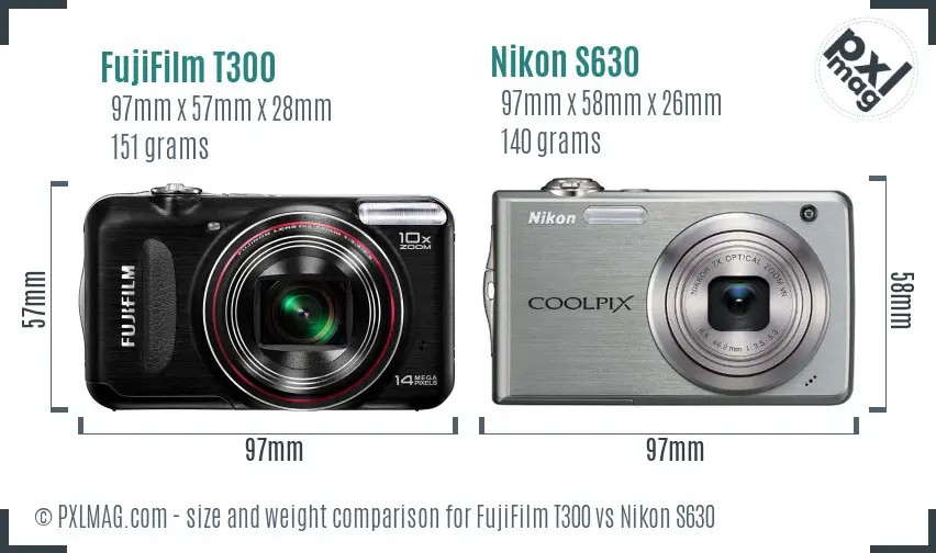 FujiFilm T300 vs Nikon S630 size comparison