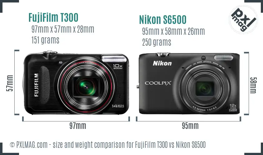 FujiFilm T300 vs Nikon S6500 size comparison