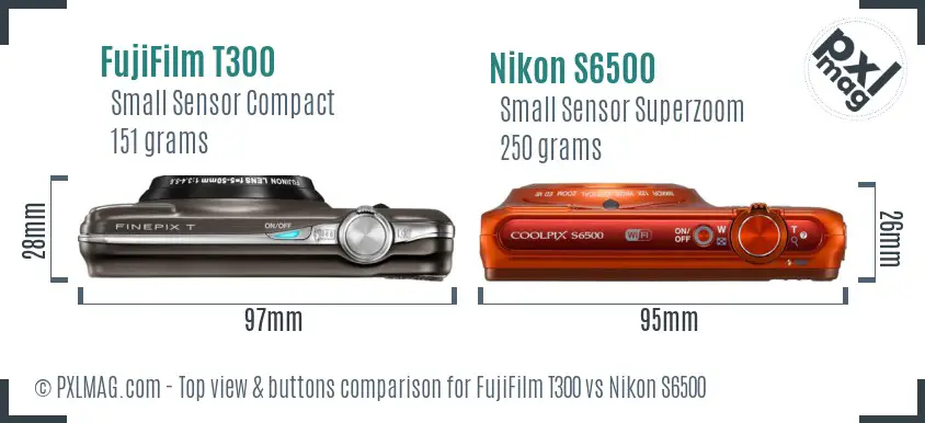 FujiFilm T300 vs Nikon S6500 top view buttons comparison