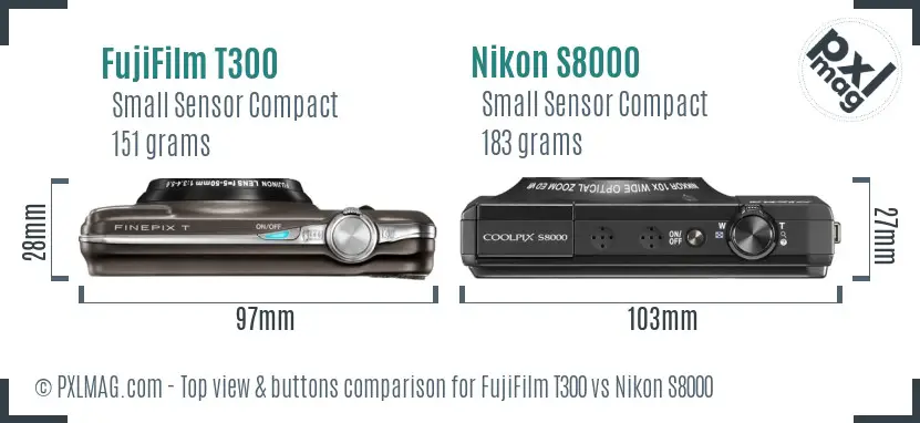 FujiFilm T300 vs Nikon S8000 top view buttons comparison FujiFilm T300 vs Nikon S8000 top view buttons comparison