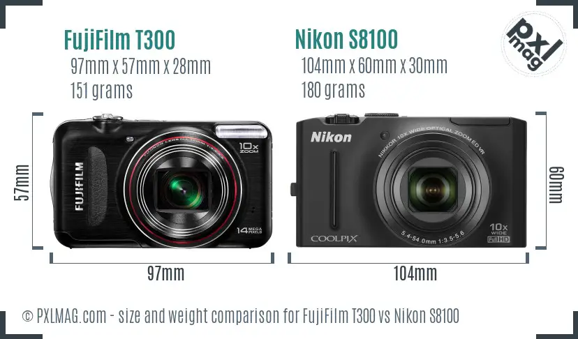 FujiFilm T300 vs Nikon S8100 size comparison