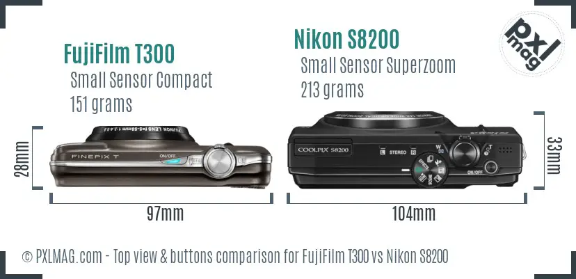 FujiFilm T300 vs Nikon S8200 top view buttons comparison FujiFilm T300 vs Nikon S8200 top view buttons comparison