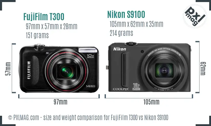 FujiFilm T300 vs Nikon S9100 size comparison