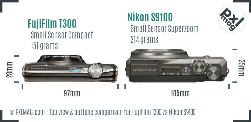FujiFilm T300 vs Nikon S9100 top view buttons comparison