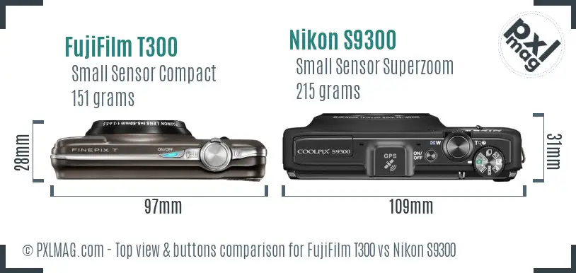 FujiFilm T300 vs Nikon S9300 top view buttons comparison FujiFilm T300 vs Nikon S9300 top view buttons comparison