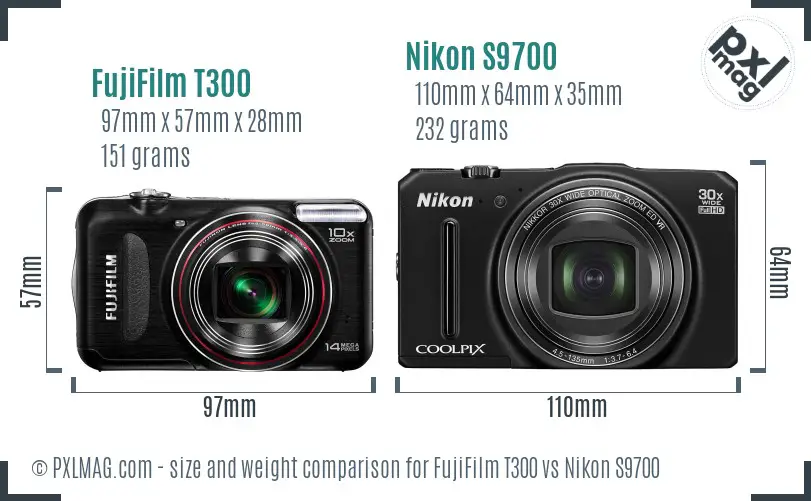 FujiFilm T300 vs Nikon S9700 size comparison