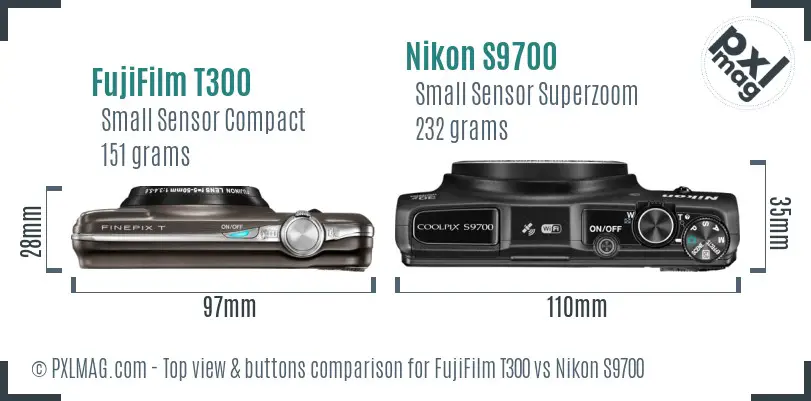 FujiFilm T300 vs Nikon S9700 top view buttons comparison