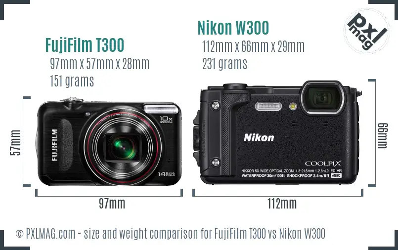 FujiFilm T300 vs Nikon W300 size comparison