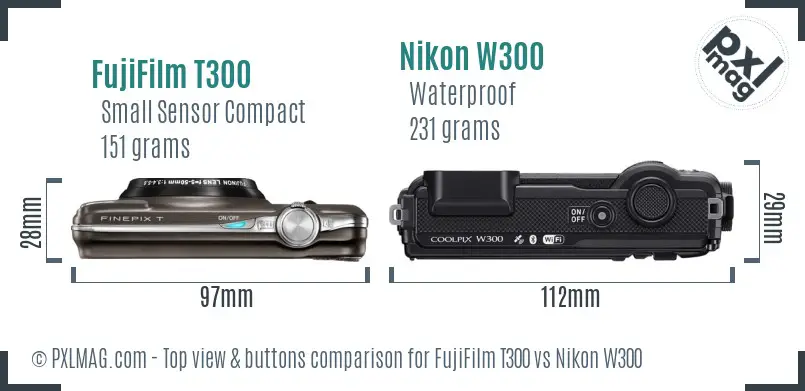 FujiFilm T300 vs Nikon W300 top view buttons comparison