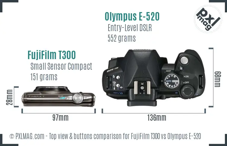 FujiFilm T300 vs Olympus E-520 top view buttons comparison